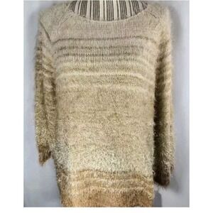 Ruby Rd Tan White & Gold Long Sleeve Act Natural Fuzzy Sweater Size Large